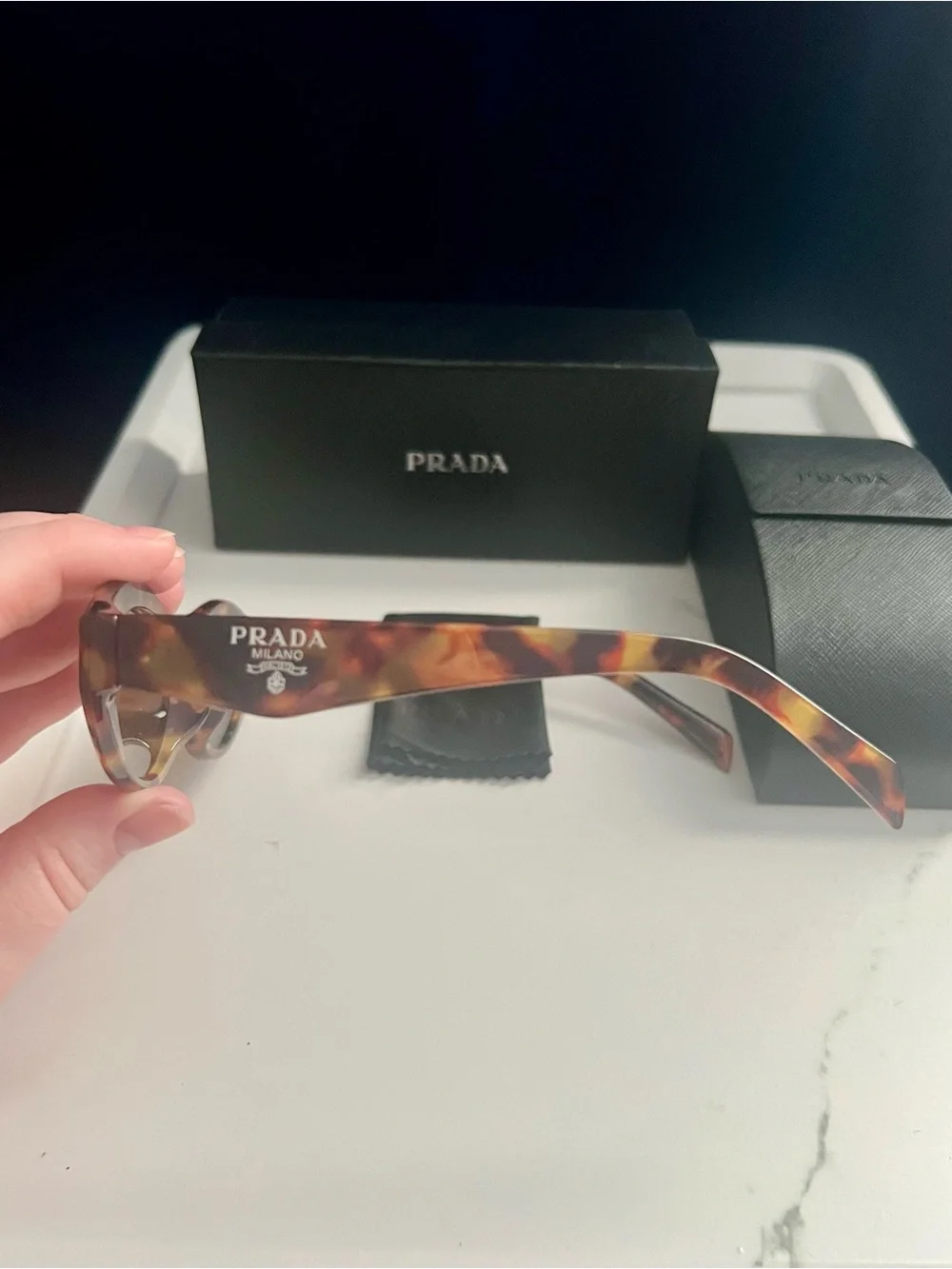 PRADA Sunglasses Symbole Small Oval Acetate Loden Honey Havana Tortoise EUC